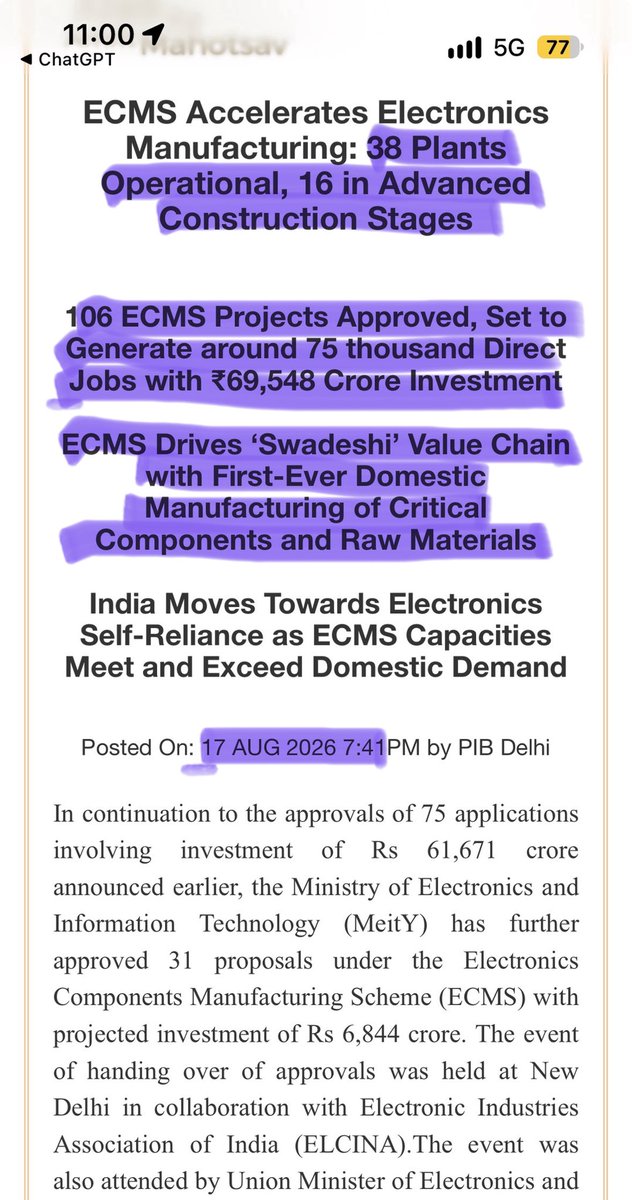 Chai_s_patel's tweet photo. Before someone says, “These exports aren’t manufactured in India; they’re merely assembled here”:

That is how manufacturing ecosystems develop: assembly → scale → localised modules → components → materials, machinery, design and IP. (Ref 💚: PIB Release ID: 2247771)

India’s domestic value addition in electronics is still around 18–20%. Nobody claims the transition is complete. The question is whether India is moving upstream. It clearly is. (Ref 💜: PIB Release ID: 2247771)

The PLI for Large-Scale Electronics Manufacturing first built scale in finished products. The Electronics Components Manufacturing Scheme, notified in April 2025 with ₹22,919 crore and expanded to ₹40,000 crore in Budget 2026–27, now targets PCBs, camera modules, passive and electro-mechanical components, optical transceivers, raw materials and even manufacturing equipment. (Ref ❤️: PIB Release IDs: 2222519, 2182986)

By August 2026, 106 ECMS projects across 15 states had attracted ₹69,548 crore in approved investment, with 38 plants already manufacturing. (Ref 💙: PIB Release ID: 2300625)

And I do not even need to mention India’s progress in semiconductor manufacturing that is another major step in the same journey. (PIB Release ID: 2222519)

Importing some inputs does not reduce domestic production to “mere assembly.” China, South Korea and other manufacturing economies also climbed the value chain through imported technology, production scale, supplier development and progressive localisation.

The real question is not whether India still imports components. Of course it does.

The real question is whether India is progressively replacing those imports with domestic capabilities and increasing value addition.

That transition is already underway.