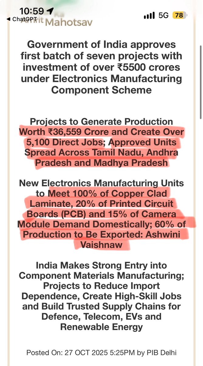 Chai_s_patel's tweet photo. Before someone says, “These exports aren’t manufactured in India; they’re merely assembled here”:

That is how manufacturing ecosystems develop: assembly → scale → localised modules → components → materials, machinery, design and IP. (Ref 💚: PIB Release ID: 2247771)

India’s domestic value addition in electronics is still around 18–20%. Nobody claims the transition is complete. The question is whether India is moving upstream. It clearly is. (Ref 💜: PIB Release ID: 2247771)

The PLI for Large-Scale Electronics Manufacturing first built scale in finished products. The Electronics Components Manufacturing Scheme, notified in April 2025 with ₹22,919 crore and expanded to ₹40,000 crore in Budget 2026–27, now targets PCBs, camera modules, passive and electro-mechanical components, optical transceivers, raw materials and even manufacturing equipment. (Ref ❤️: PIB Release IDs: 2222519, 2182986)

By August 2026, 106 ECMS projects across 15 states had attracted ₹69,548 crore in approved investment, with 38 plants already manufacturing. (Ref 💙: PIB Release ID: 2300625)

And I do not even need to mention India’s progress in semiconductor manufacturing that is another major step in the same journey. (PIB Release ID: 2222519)

Importing some inputs does not reduce domestic production to “mere assembly.” China, South Korea and other manufacturing economies also climbed the value chain through imported technology, production scale, supplier development and progressive localisation.

The real question is not whether India still imports components. Of course it does.

The real question is whether India is progressively replacing those imports with domestic capabilities and increasing value addition.

That transition is already underway.