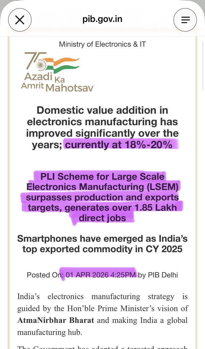 Chai_s_patel's tweet photo. Before someone says, “These exports aren’t manufactured in India; they’re merely assembled here”:

That is how manufacturing ecosystems develop: assembly → scale → localised modules → components → materials, machinery, design and IP. (Ref 💚: PIB Release ID: 2247771)

India’s domestic value addition in electronics is still around 18–20%. Nobody claims the transition is complete. The question is whether India is moving upstream. It clearly is. (Ref 💜: PIB Release ID: 2247771)

The PLI for Large-Scale Electronics Manufacturing first built scale in finished products. The Electronics Components Manufacturing Scheme, notified in April 2025 with ₹22,919 crore and expanded to ₹40,000 crore in Budget 2026–27, now targets PCBs, camera modules, passive and electro-mechanical components, optical transceivers, raw materials and even manufacturing equipment. (Ref ❤️: PIB Release IDs: 2222519, 2182986)

By August 2026, 106 ECMS projects across 15 states had attracted ₹69,548 crore in approved investment, with 38 plants already manufacturing. (Ref 💙: PIB Release ID: 2300625)

And I do not even need to mention India’s progress in semiconductor manufacturing that is another major step in the same journey. (PIB Release ID: 2222519)

Importing some inputs does not reduce domestic production to “mere assembly.” China, South Korea and other manufacturing economies also climbed the value chain through imported technology, production scale, supplier development and progressive localisation.

The real question is not whether India still imports components. Of course it does.

The real question is whether India is progressively replacing those imports with domestic capabilities and increasing value addition.

That transition is already underway.