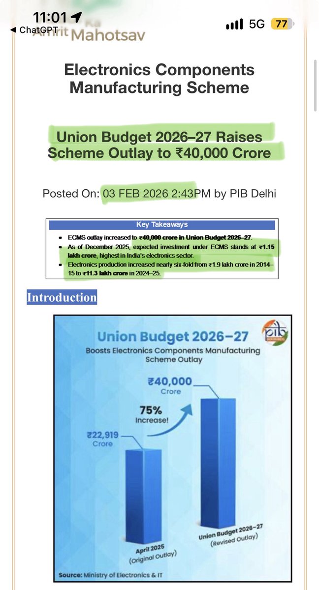 Chai_s_patel's tweet photo. Before someone says, “These exports aren’t manufactured in India; they’re merely assembled here”:

That is how manufacturing ecosystems develop: assembly → scale → localised modules → components → materials, machinery, design and IP. (Ref 💚: PIB Release ID: 2247771)

India’s domestic value addition in electronics is still around 18–20%. Nobody claims the transition is complete. The question is whether India is moving upstream. It clearly is. (Ref 💜: PIB Release ID: 2247771)

The PLI for Large-Scale Electronics Manufacturing first built scale in finished products. The Electronics Components Manufacturing Scheme, notified in April 2025 with ₹22,919 crore and expanded to ₹40,000 crore in Budget 2026–27, now targets PCBs, camera modules, passive and electro-mechanical components, optical transceivers, raw materials and even manufacturing equipment. (Ref ❤️: PIB Release IDs: 2222519, 2182986)

By August 2026, 106 ECMS projects across 15 states had attracted ₹69,548 crore in approved investment, with 38 plants already manufacturing. (Ref 💙: PIB Release ID: 2300625)

And I do not even need to mention India’s progress in semiconductor manufacturing that is another major step in the same journey. (PIB Release ID: 2222519)

Importing some inputs does not reduce domestic production to “mere assembly.” China, South Korea and other manufacturing economies also climbed the value chain through imported technology, production scale, supplier development and progressive localisation.

The real question is not whether India still imports components. Of course it does.

The real question is whether India is progressively replacing those imports with domestic capabilities and increasing value addition.

That transition is already underway.