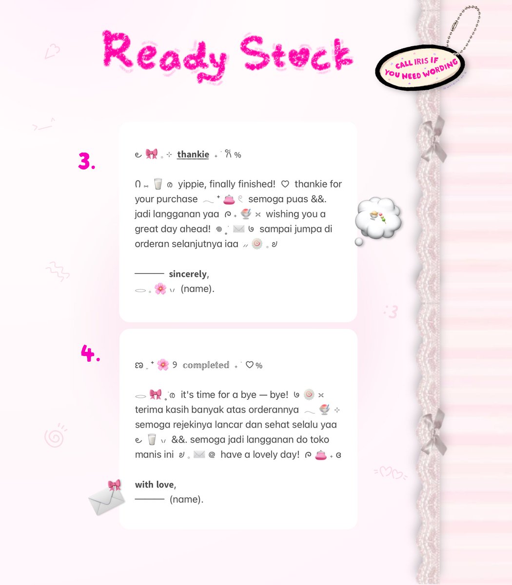 wordinh's tweet photo. ⠀
help rt juseyo  ..  ♡%

🎀🥛  back in stock  ..  < GRATITUDE / THANK YOU WORDING >  👛  only 5.500 coins @ each!  🍧  kindly chit — chat via dm to purchase iaa  🌸

rs ready stock #bealanja https://t.co/OQ6XtGjjMS