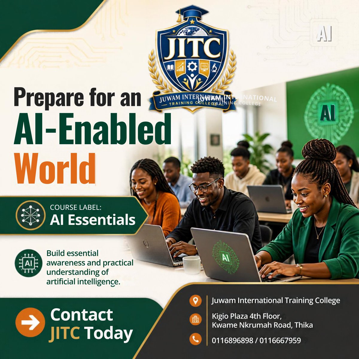 juwamcollege's tweet photo. Prepare for an AI-enabled world. Build essential awareness and practical understanding of artificial intelligence with JITC.

📍 Thika | 📞 0116896898 / 0116667959
✉️ info@juwamcollege.com | 🌐 https://t.co/J5wsSf2BSb
#JITC #AIEssentials https://t.co/Keo2SiNJRL