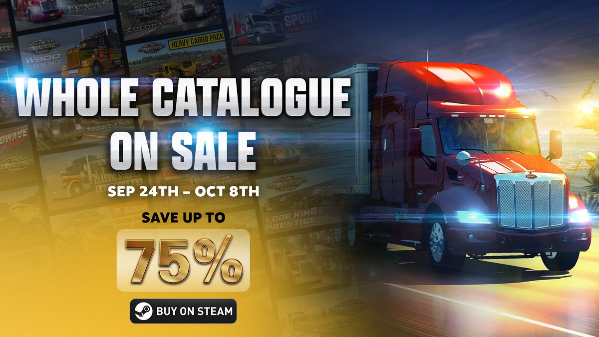 SCSsoftware's tweet photo. The Steam Sale is still rolling! 🚛🔥

Complete your collection and grab our games, editions, and DLCs with discounts of up to 75%! 😍

Take a look and don't miss out! 👇
https://t.co/9eadJ2fqDB https://t.co/g6MBAJ3tiY