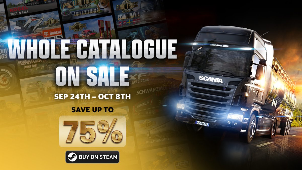SCSsoftware's tweet photo. The Steam Sale is still rolling! 🚛🔥

Complete your collection and grab our games, editions, and DLCs with discounts of up to 75%! 😍

Take a look and don't miss out! 👇
https://t.co/9eadJ2fqDB https://t.co/g6MBAJ3tiY