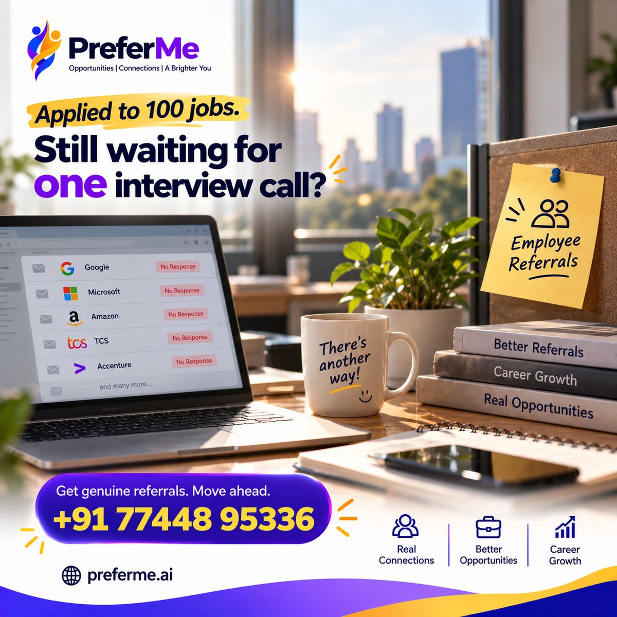 preferme_ai's tweet photo. Applied to 100+ jobs with zero calls? 😓

Stop sending applications into the void. The right connection unlocks the door. 🤝

Connect with insiders, get genuine employee referrals, and fast-track your hiring. 🚀

🌐 https://t.co/OPXYDUIHrM 📲 WhatsApp: +91 77448 95336
#JobSearch https://t.co/jTJlB1hgq1