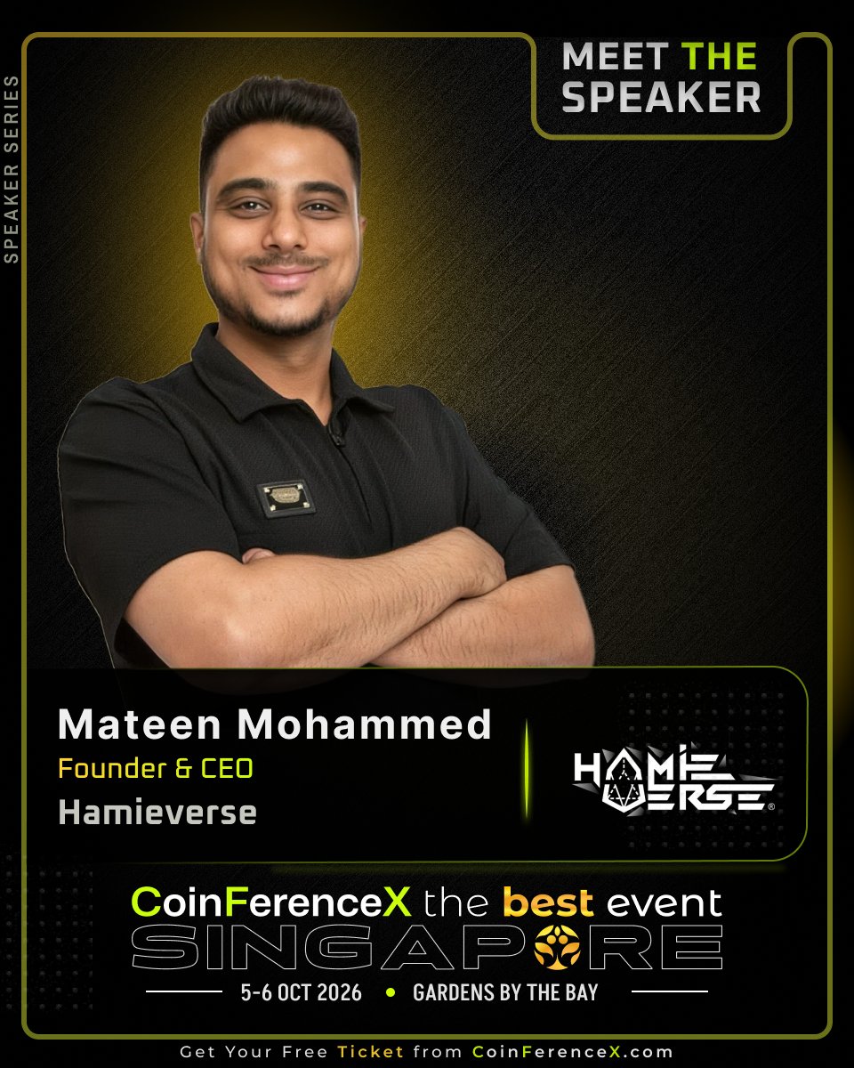 CoinFerenceX's tweet photo. Meet @MateenMohammed_, Founder & CEO of @hamieverse, onstage at CoinFerenceX The Best Event, Singapore.

A serial founder and digital operator, Mateen builds, scales, and invests in high-growth tech ventures. His proven track record spans a diverse range of successful verticals, from launching six-figure consumer apps and scaling seven-figure e-commerce brands to driving strategic operations in blockchain investment.

📍 5–6 Oct 2026
📍 Gardens by the Bay, Singapore

Stay tuned; more big names are dropping soon.

📅 RSVP on Luma: https://t.co/boaCunDBWJ
🤝 Sponsor or partner: https://t.co/Jeu6IXFGjy

#CoinFerenceX #TheBestEvent #Hamieverse