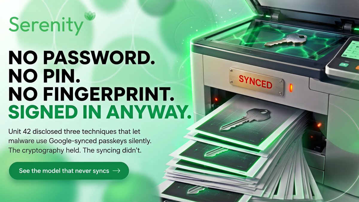 SerenityStech's tweet photo. 🔓 No password. No PIN. No fingerprint. Signed in anyway.

Source: https://t.co/BjUDO4JShX

Researchers at Palo Alto Networks' Unit 42 disclosed three attack techniques called Pass-ta-key, Silver, and Golden, that could allow malware already running on a Windows machine to use Google-synced passkeys without any user interaction.

None of these attacks break the cryptography behind passkeys.
Instead, they target the systems and trust relationships around them:
🔹 Pass-ta-key: impersonates a trusted device to obtain valid authentication responses
🔹 Silver: forces a re-registration to add an attacker's own verification key
🔹 Golden: extracts the master secret protecting synced passkeys from Chrome's process memory

The key itself wasn't broken. The environment around it was.

Passkeys were designed to eliminate shared secrets. But once credentials are synced across devices and managed through software, new trust paths appear.

sAxess takes a different approach. The key is generated inside the card's secure element, and your fingerprint is verified directly on the device.

Nothing syncs.
Nothing leaves. 👇
https://t.co/9CuH1gnAEC