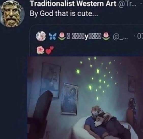 bourglor's tweet photo. Tradionalist Western Art twitter account quote reteeeting some gay furry art saying By God that is cute... / reaction image meme https://t.co/Ox4M06Bjlg