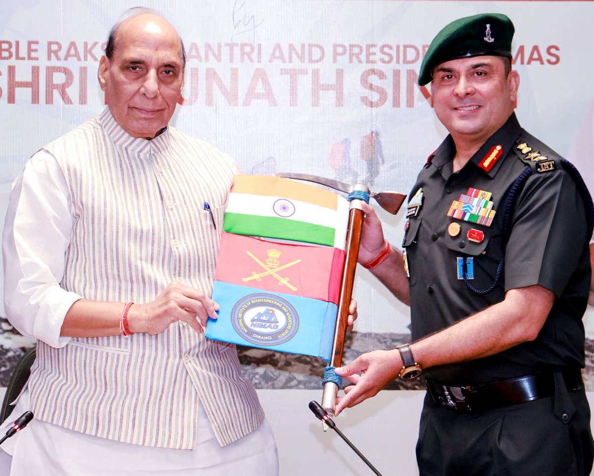 DefenceMinIndia's tweet photo. Raksha Mantri Shri @rajnathsingh flagged-in the First Ascent Mountaineering Expedition conducted by the team of National Institute of Mountaineering and Adventure Sports (NIMAS), Dirang at New Delhi. 

In this expedition, 20 unclimbed peaks above 6000 meters in Ladakh region were successfully summitted. Lauding the efforts of the team, RM highlighted that the expedition showcased India's mountaineering excellence and leadership in adventure activities.