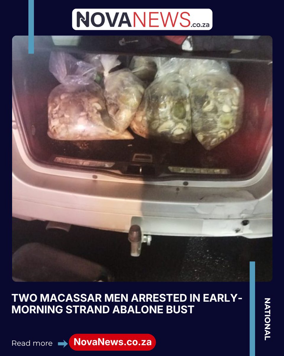 NovusMediaZA's tweet photo. Two Macassar men have been arrested in Strand after 856 illegally harvested abalone were found hidden in their vehicle. They are expected to appear in court on Friday.
 
Follow us &amp; read more at: https://t.co/WsZBnJQUR1
 
#NovaNews #Strand #Abalone #Poaching https://t.co/uWgomFm2Bk