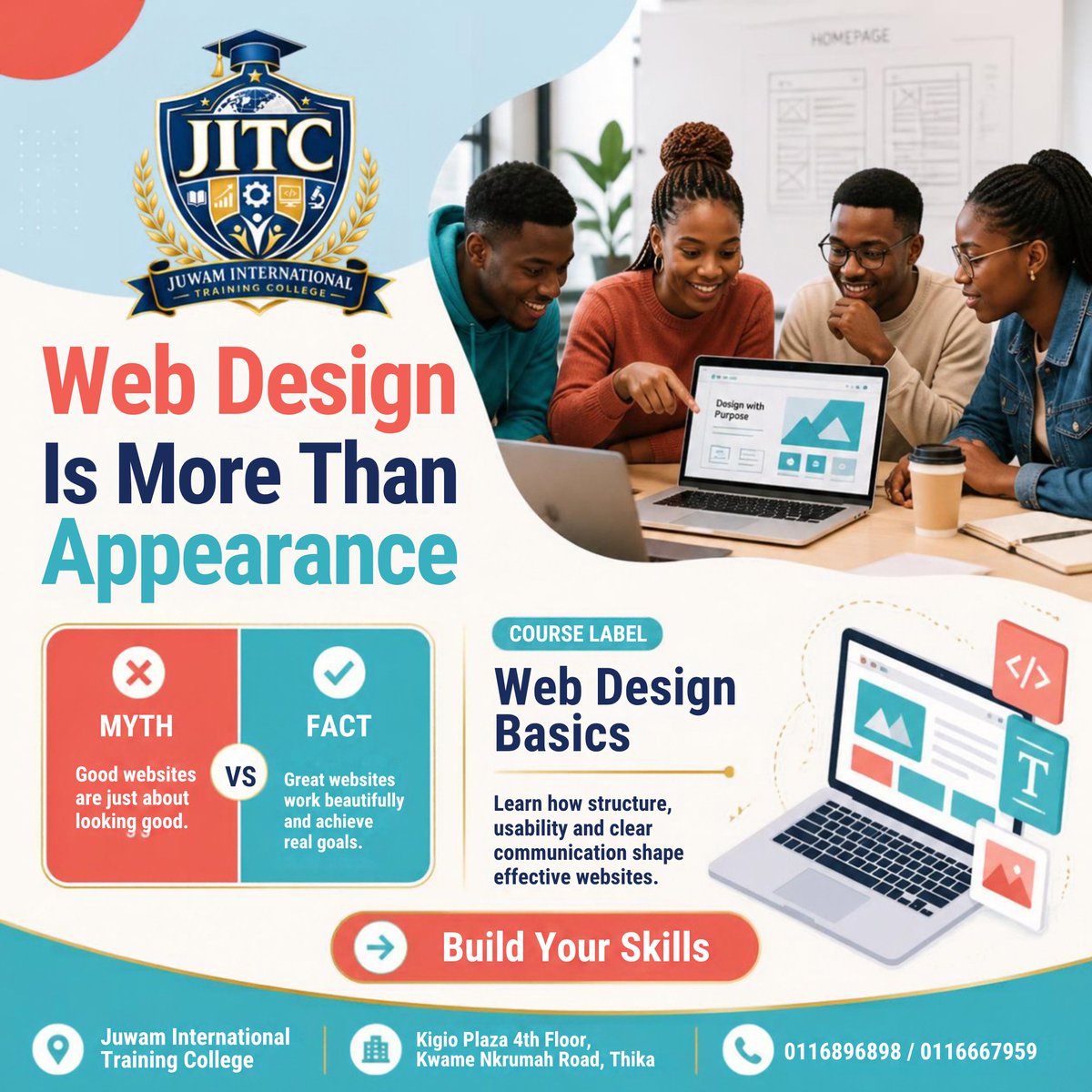 juwamcollege's tweet photo. Web design is more than appearance. Learn how structure, usability and clear communication create websites that work beautifully.

📍 Thika | 📞 0116896898 / 0116667959
✉️ info@juwamcollege.com | 🌐 https://t.co/J5wsSf2BSb
#JITC #WebDesign https://t.co/Ab3KnE2QvW