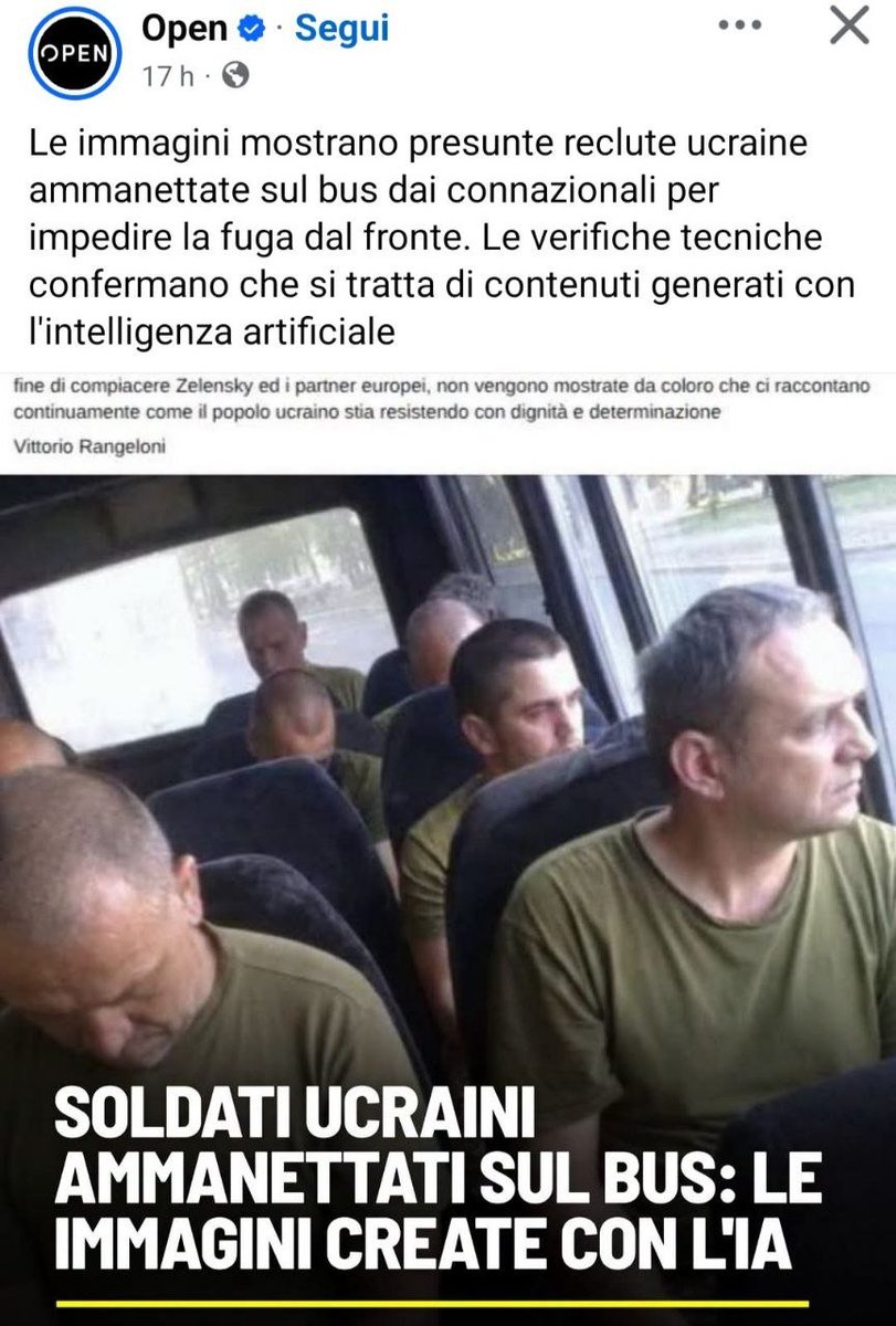 Giorgioaki's tweet photo. Se anche questa particolare foto fosse stata effettivamente generata con l'IA (il che sarebbe da verificare in maniera VERAMENTE indipendente), le migliaia di video che ritraggono ucraini braccati come animali, malmenati, feriti (talvolta uccisi), rapiti per essere spediti con la forza al fronte, non li avete verificati?
Non vi siete accorti della loro esistenza?
Vogliamo fare un bel fact-check anche su quelli?
No. Questi cialtroni si mettono in moto sfruttando un'unica immagine dubbia, nella speranza, vana, di seppellire tutto il resto.
Miserabili propagandisti da quattro soldi.

Dal canale Russian Tour