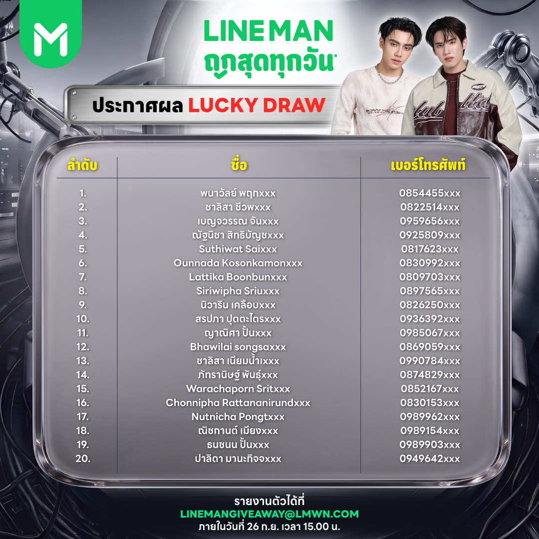 LINEMAN_TH's tweet photo. 📣 ประกาศผลผู้โชคดี 20 ท่านที่มีสิทธิ์เข้าร่วมแคมเปญ #LINEMANถูกสุดทุกวันxBUS
.
ขอแสดงความยินดีกับทั้ง 20 ท่านที่มีสิทธิ์เข้าร่วมร่วมชมไลฟ์ ในวันที่ 29 ก.ย. 69 นี้ ✨
.
และอย่าพลาด! รับชมความสนุกได้ทาง  LINE MAN Live ✨
📅 29 ก.ย. 2569
⏰ 16.00 น. เป็นต้นไป
.
📲 https://t.co/1bhIy1CvAq
 .
#LINEMAN #LINEMANWongnaiUsersChoice #LINEMANถูกสุดทุกวัน