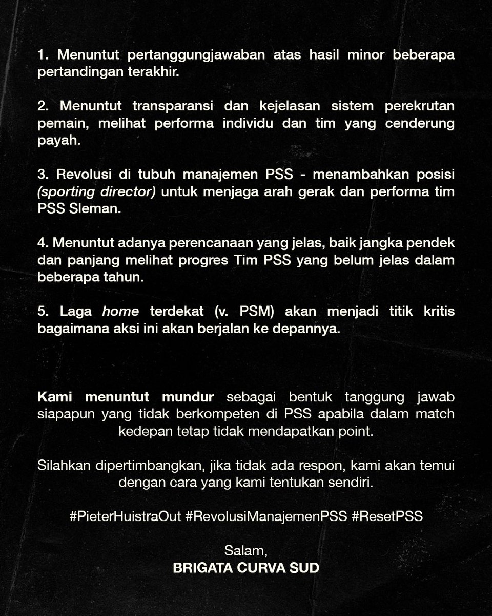BCSxPSS_1976's tweet photo. HASIL FORUM BESAR - BRIGATA CURVA SUD⚒️

Sikap kami jelas: pertanggungjawaban, transparansi, revolusi manajemen, dan perencanaan PSS yang lebih terarah. 

#PieterHuistraOut
#RevolusiManajemenPSS
#ResetPSS https://t.co/X543YQCraI