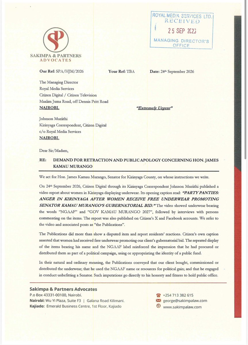 BravinYuri's tweet photo. Senator Murango and Njeri Maina have issued demand letters to NTV and Citizen TV over the “panties” story.

The journalists involved were served the demand letters through the official email addresses provided by NTV and Citizen TV. https://t.co/aaqUVkhJZY