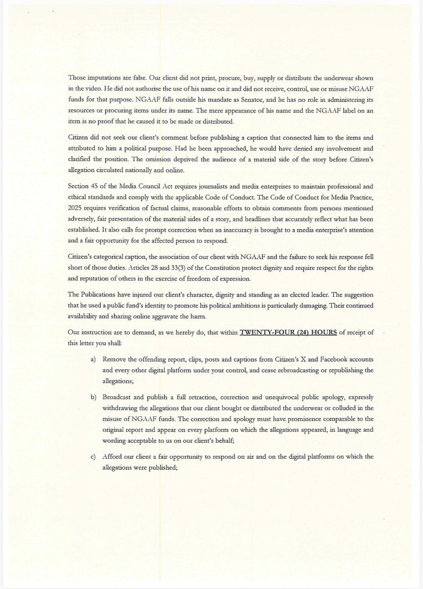 BravinYuri's tweet photo. Senator Murango and Njeri Maina have issued demand letters to NTV and Citizen TV over the “panties” story.

The journalists involved were served the demand letters through the official email addresses provided by NTV and Citizen TV. https://t.co/aaqUVkhJZY