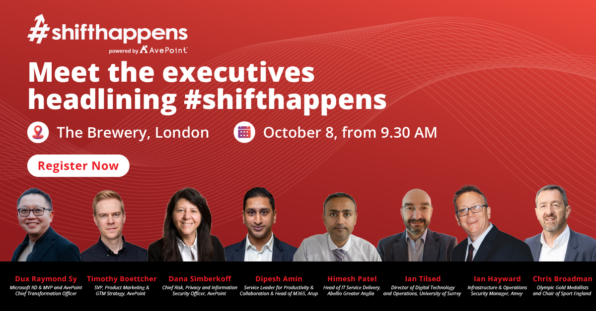 AvePoint's tweet photo. Big ideas need bold voices. ๐ก
Weโre thrilled to unveil the expert lineup taking the stage at #shifthappens London 2026!
Get ready for real-world strategies and deep dives from industry leaders on:
โจ Building a secure foundation for Microsoft Copilot
โจ Automating cloud governance & data security
โจ Direct lessons learned from enterprise tech peers
Learn straight from the pioneers Dipesh Amin, Himesh Patel, Ian Hayward, Ian Tilsed, Dana Simberkoff, Dux Raymond Sy and Tim Boettcher shaping the future of modern work.
๐๏ธ Seats are limited, secure yours now: https://t.co/atTKKchFvy
#AVPT #DigitalTransformation #Microsoft365 #FutureOfWork