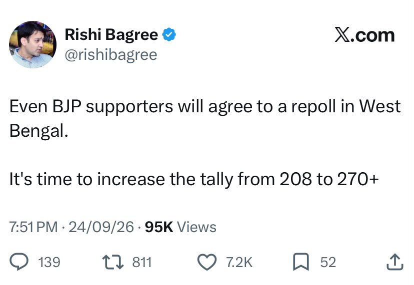 NilanjanDasAITC's tweet photo. BJP says it is ready for re-election in Bengal & is confident of crossing 270+. Bravo @rishibagree !
So what’s stopping the Suvendu Adhikari Govt. from adopting a Cabinet Resolution to dissolve the Vidhan Sabha & seek fresh mandate? We don’t need @ECISVEEP or the Courts to order that.
Let’s have a free & fair election on the 2025 electoral roll, sans Gyanesh Chor Kumar, with a level playing field & independent observers from across the world, Indian polity & civil society - an election that inspires confidence in the public mind.
