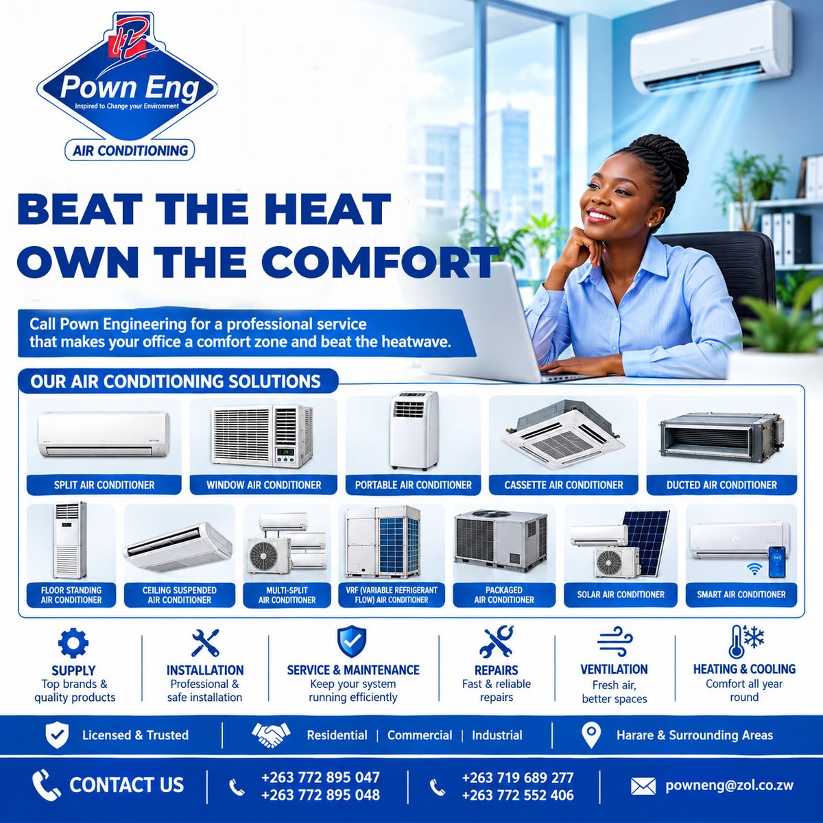 AirPown's tweet photo. ☀️ SUMMER IS HERE — BEAT THE HEAT. OWN THE COMFORT! ❄️

The heat is rising across Zimbabwe — is your home or office ready? 🔥
#share #like #comment #post https://t.co/odHIzqIT3g