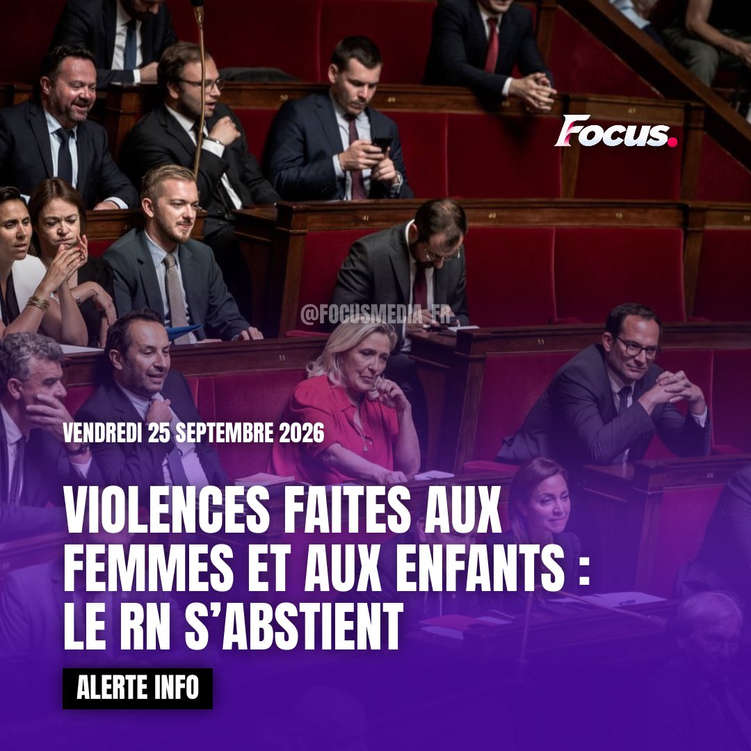 FocusMedia_Fr's tweet photo. 🇫🇷 🏛️FLASH INFO — VIOLENCES FAITES AUX FEMMES ET AUX ENFANTS : LE RN S’ABSTIENT

La proposition de loi « intégrale » contre les violences sexuelles et sexistes faites aux femmes et aux enfants a été adoptée en commission à l’Assemblée nationale.

Les députés RN présents se sont abstenus, tandis que tous les autres votants ont approuvé le texte, qui prévoit notamment de renforcer la prévention, la protection des victimes et la réponse judiciaire.

Le texte doit être examiné dans l’hémicycle à partir du 1er octobre.