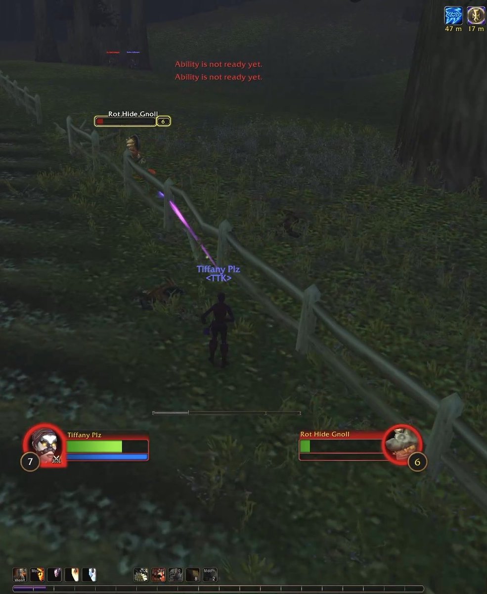 A player named "Tiffany Plz <TTK>" engages a level 6 "Rot Hide Gnoll" in a nighttime forest, with red text indicating "Ability is not ready yet." flashing on screen, while the post laments Blizzard's nerf to caster wand kiting abilities—visually underscored by the player's frustration at their abilities being on cooldown mid-combat.