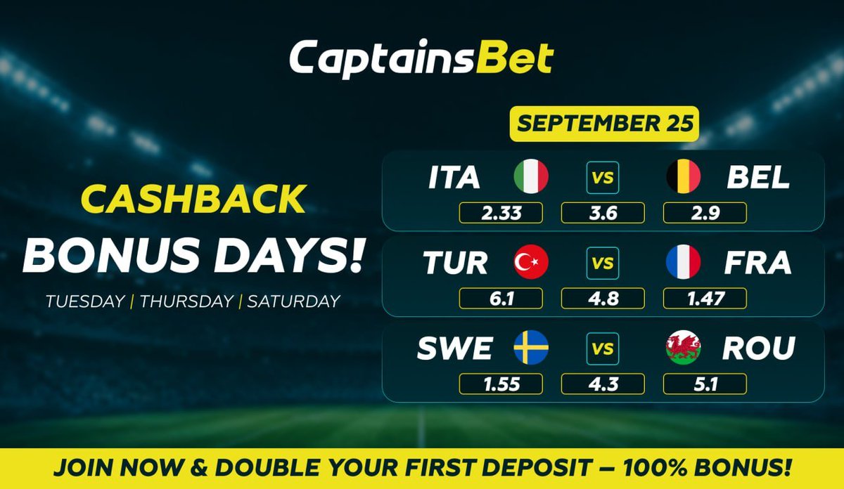 KingVictorTips's tweet photo. 🔥 CASHBACK BONUS DAYS! 💰

📅 SEPTEMBER 25

Your bets can bring you more every Tuesday, Thursday & Saturday! ⚽️

🎯 TODAY'S FEATURED MATCHES:

🇮🇹 Italy vs Belgium 🇧🇪
🇹🇷 Turkey vs France 🇫🇷
🇸🇪 Sweden vs Wales 🏴󠁧󠁢󠁥󠁮󠁧󠁿

🔥 BET. WIN. GET CASHBACK.

💰 PLUS: DOUBLE YOUR FIRST DEPOSIT!
🎁 100% FIRST DEPOSIT BONUS

🚀 Join CaptainsBet and make every match count!

🎁 Promo Code: VICTOR
🔗 https://t.co/rhr1fRWiza

📲 Follow my Telegram:
https://t.co/hnzvPoyeK5

#CAPTAINSBET #Cashback #CashbackBonus #SportsBetting #Football #BettingTips #FootballPredictions #AccaTips #BettingCommunity