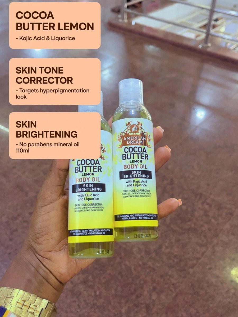 PokCharpiaw2's tweet photo. American Dream Cocoa Butter Lemon Body Oil with Kojic Acid and Liquorice helps brighten skin and improve the look of dark spots, blemishes, and uneven tone. 110ml, paraben- and mineral oil-free. Wholesale and retail available. https://t.co/J14AoBHOSx