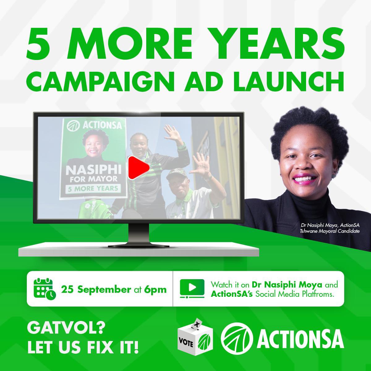 nasiphim's tweet photo. Tonight, I will launch my official “5 More Years” Mayoral Campaign Advertisement. 

My #LGE2026 campaign sets out the case for building on the progress we’ve made in Tshwane and continuing the work of restoring the Capital City 🇿🇦🗳️. 

📆25 September 2026
⏰18:00 (6pm)
📺Across Dr Moya & ActionSA social media platforms
@Action4SA