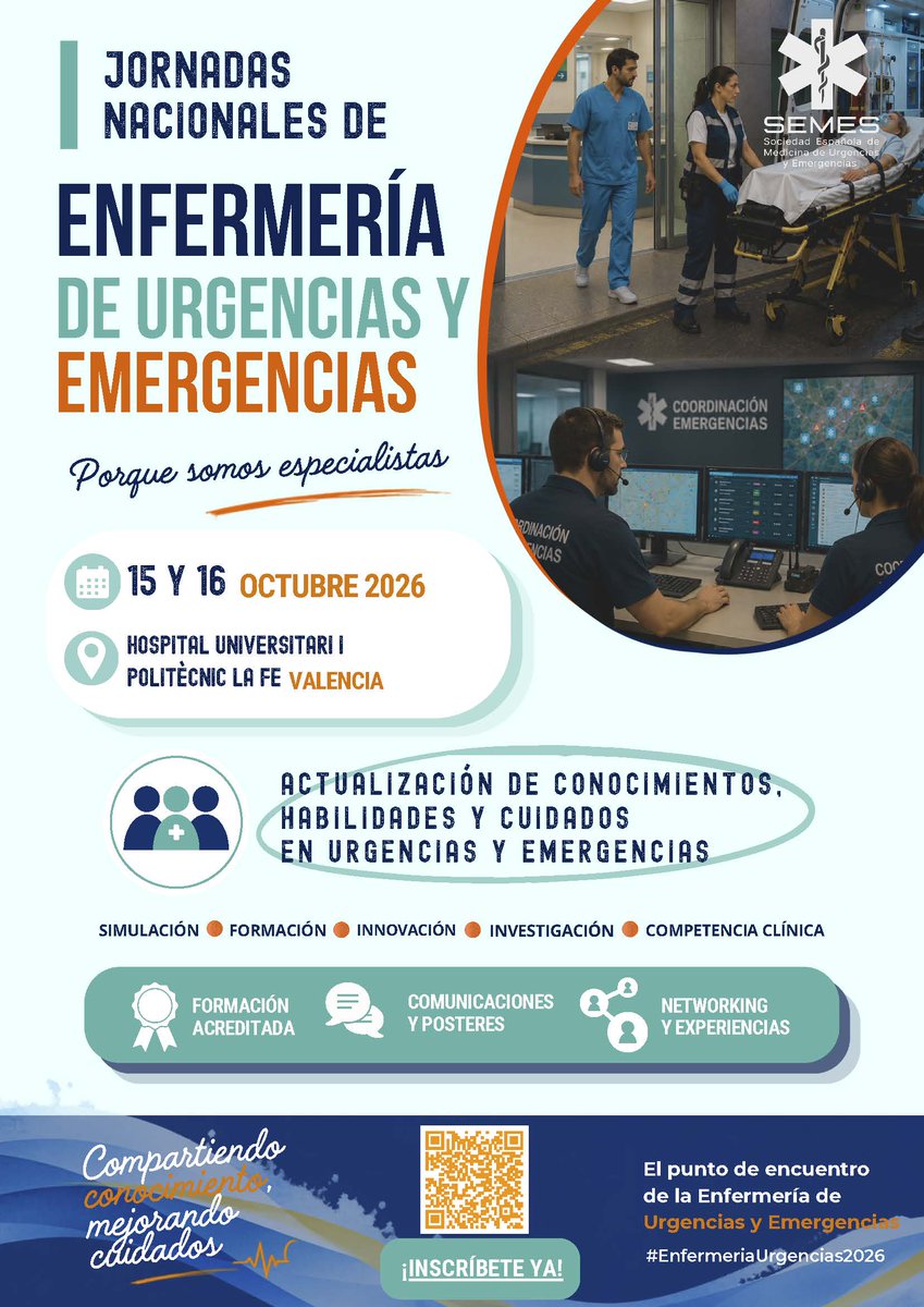 HospitalLaFe's tweet photo. 🚑El @HospitalLaFe acoge las I Jornadas Nacionales de Enfermería de Urgencias y Emergencias @SEMES_ 
🗓️15 y 16 de octubre de 2026
📎https://t.co/SnSsUbyvjI
#EnfermeríaUrgencias2026 #AgendaLaFe https://t.co/0OYpT1qERg