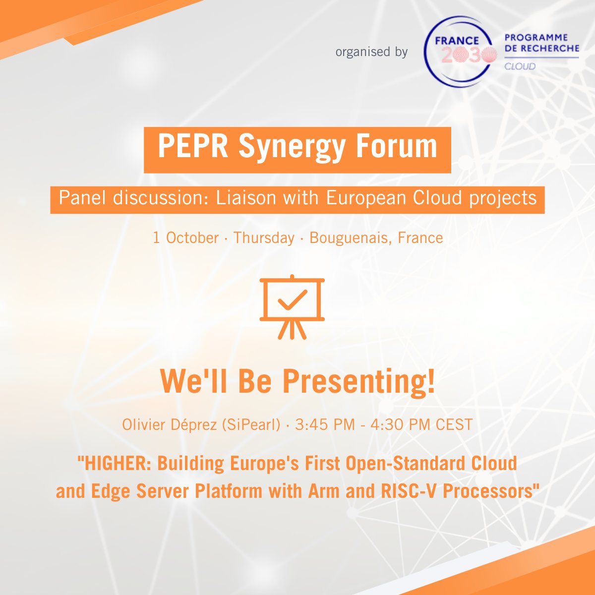 higherEUproject's tweet photo. 🚀 HIGHER is at the #PEPRSynergyForum!

On 1 October, Olivier Deprez will present how HIGHER is building an open-standard European cloud &amp; edge platform using #Arm and #RISC-V processors, open-source software and European semiconductor technology. 🇪🇺 https://t.co/lX4fho9Z8B