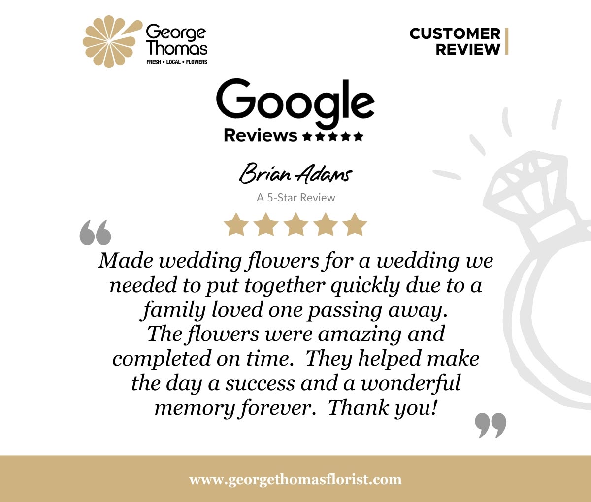 IndyFlorist's tweet photo. Thank you so much for your kind words, Brian. We are honored to have been part of such an important and emotional day. We're so glad the flowers helped create a beautiful and lasting memory. It was our privilege to assist you and we truly appreciate your trust in us. Wishing you and your family all the best.
#georgethomasflorist #indianapolisflorist