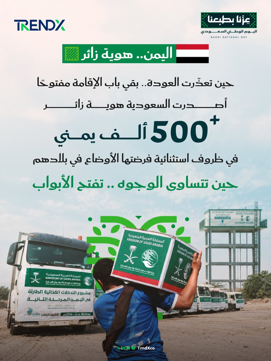 TrndXco's tweet photo. حين تعذّرت العودة، فتحت السعودية أبواب الاستقرار؛ إمداد +500 ألف يمني بـ "هوية زائر" مع استمرار التدخلات الغذائية العاجلة.. مواقف الدعم الأخوي نبرزها في تقريرنا #وُلدت_الفزعة_سعودية 🇾🇪🇸🇦
🔗 https://t.co/PGOuN3Ojnv
#عزنا_بطبعنا
#اليوم_الوطني_السعودي
#TrendX https://t.co/2lnY8pB9id