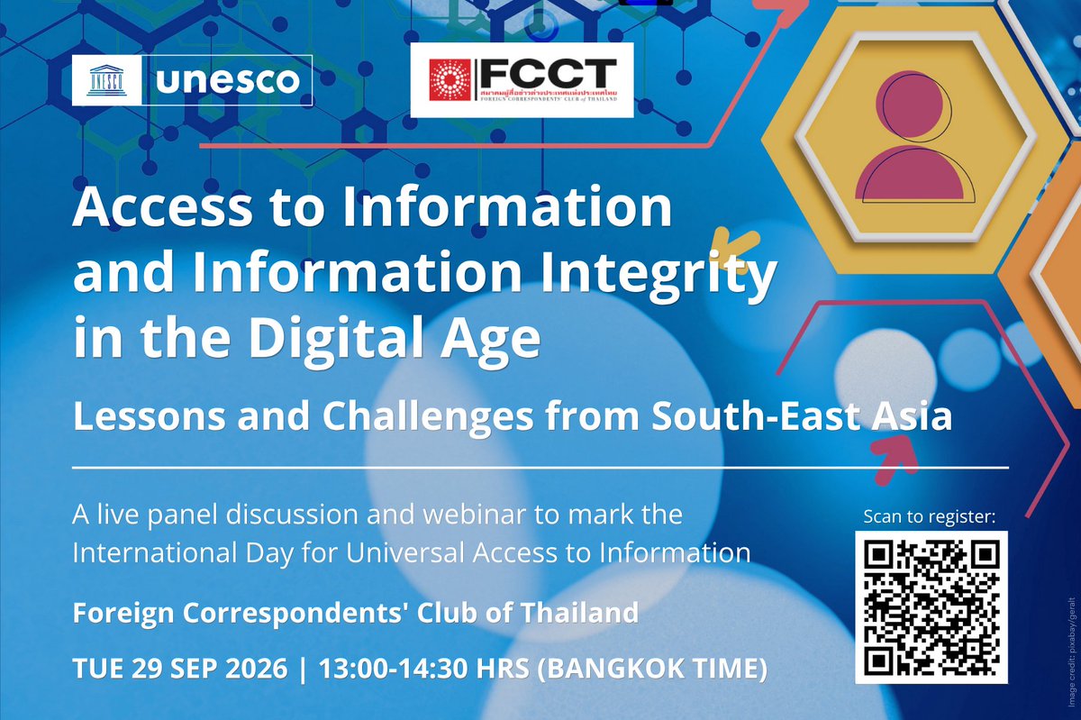 unescobangkok's tweet photo. 🤔 How can access to information laws help strengthen information integrity in the digital age?

Join @unescobangkok &amp; @FCCThai for a panel discussion marking the #AccessToInfo Day!

🗓️ 29 SEP 2026 | 1 pm (GMT+7)
🌐 Livestreamed via FCCT FB &amp; YouTube

🔗 https://t.co/2DHFmhncHh https://t.co/P5YpygmaWc