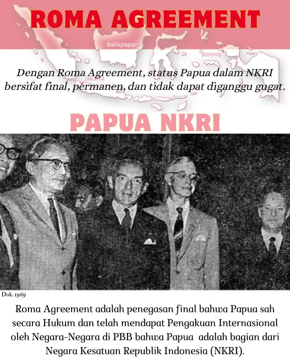 PrettyKev1317's tweet photo. Sejarah harus dipahami secara utuh. Pada Konferensi Meja Bundar 1949 disepakati bahwa wilayah Indonesia meliputi seluruh bekas Hindia Belanda termasuk Papua, sehingga kedudukan Papua Sah Dalam NKRI dengan memiliki dasar hukum yang kuat #SejarahPapua #PapuaIndonesia https://t.co/X0diE0sIlB