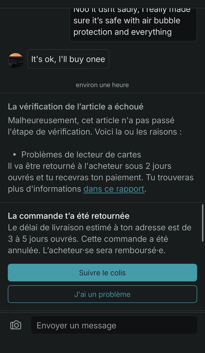 unbothereduser4's tweet photo. @vinted donc quand un article passe pas une vérification, surtout pour un truc comme (lecteur sd)  que personne utilise, vous annuler tout sans même demander l’avis de l’acheteur ? 

Vous auriez meme pu ajouter une option "Renégocier" mais non vous faites juste perdre du temps https://t.co/aln8GLEKF9