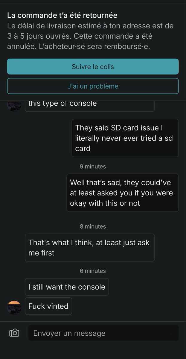 unbothereduser4's tweet photo. @vinted donc quand un article passe pas une vérification, surtout pour un truc comme (lecteur sd)  que personne utilise, vous annuler tout sans même demander l’avis de l’acheteur ? 

Vous auriez meme pu ajouter une option "Renégocier" mais non vous faites juste perdre du temps https://t.co/aln8GLEKF9