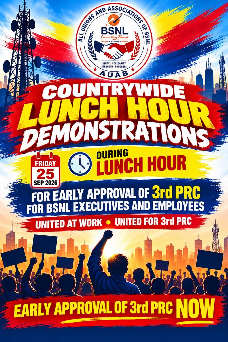 sneachq's tweet photo. 📌 AUAB BSNL 3rd PRC/Wage Revision Campaign 👇

25 Sept – Lunch Hour Demonstration.

28 Sept – X/Twitter Campaign.

01 Oct – Hunger Strike & Nationwide Demonstration.

Let the voice of BSNL Employees resonate across the country for 3rd PRC/ Wage Revision.

🤝 United We Struggle, United We Win!
Final hashtags for X Campaign 👇
#Remove_Affordability_Clause
#3rdPRC_BSNL
AUAB members & BSNL employees kindly participate.
@aiteea_India @SNATTACHQ @bsnleuchq @AUAB5564