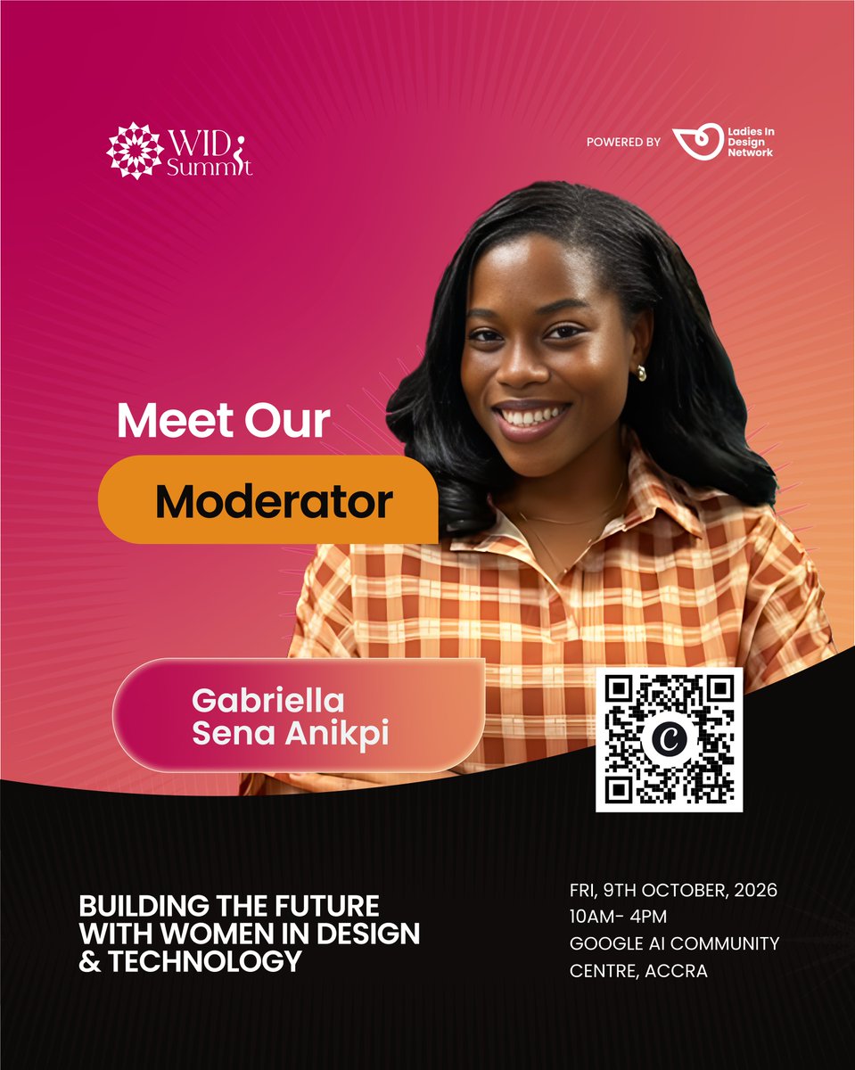 Lidn__'s tweet photo. Meet Gabriella
Weβre excited to have Gabriella joining us as a Moderator at #WIDS2026!
π Friday, 9th October 2026 β° 10AM β 4PM π Google AI Community Centre, Accra
#WIDS2026 #WomenInDesignSummit #LadiesInDesignNetwork #WomenInDesign https://t.co/jJCe3P2pty