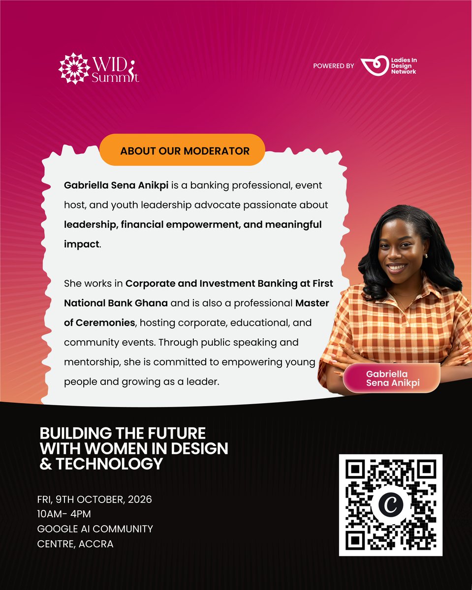 Lidn__'s tweet photo. Meet Gabriella
Weβre excited to have Gabriella joining us as a Moderator at #WIDS2026!
π Friday, 9th October 2026 β° 10AM β 4PM π Google AI Community Centre, Accra
#WIDS2026 #WomenInDesignSummit #LadiesInDesignNetwork #WomenInDesign https://t.co/jJCe3P2pty