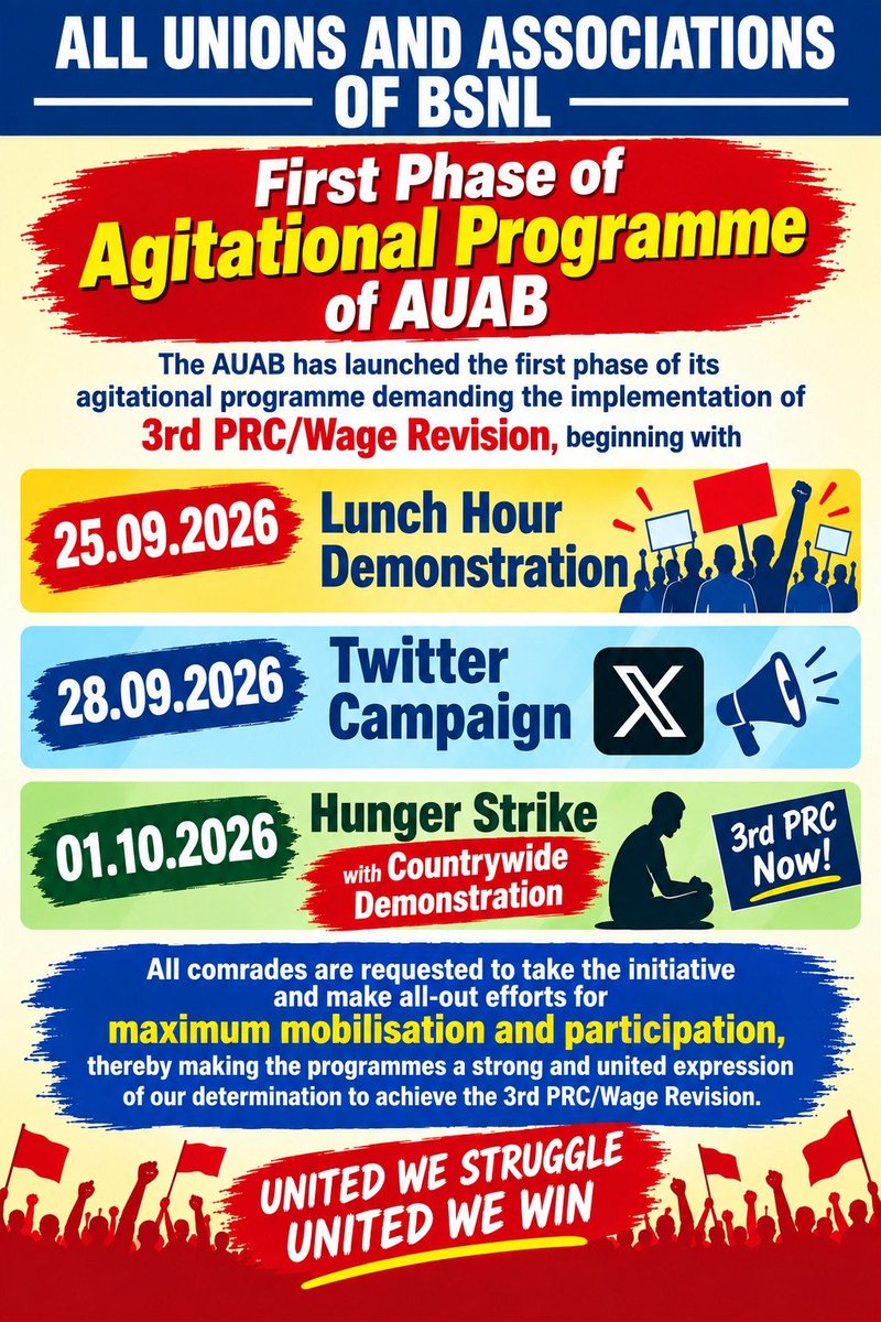 sneachq's tweet photo. 📌 AUAB BSNL 3rd PRC/Wage Revision Campaign 👇

25 Sept – Lunch Hour Demonstration.

28 Sept – X/Twitter Campaign.

01 Oct – Hunger Strike & Nationwide Demonstration.

Let the voice of BSNL Employees resonate across the country for 3rd PRC/ Wage Revision.

🤝 United We Struggle, United We Win!
Final hashtags for X Campaign 👇
#Remove_Affordability_Clause
#3rdPRC_BSNL
AUAB members & BSNL employees kindly participate.
@aiteea_India @SNATTACHQ @bsnleuchq @AUAB5564