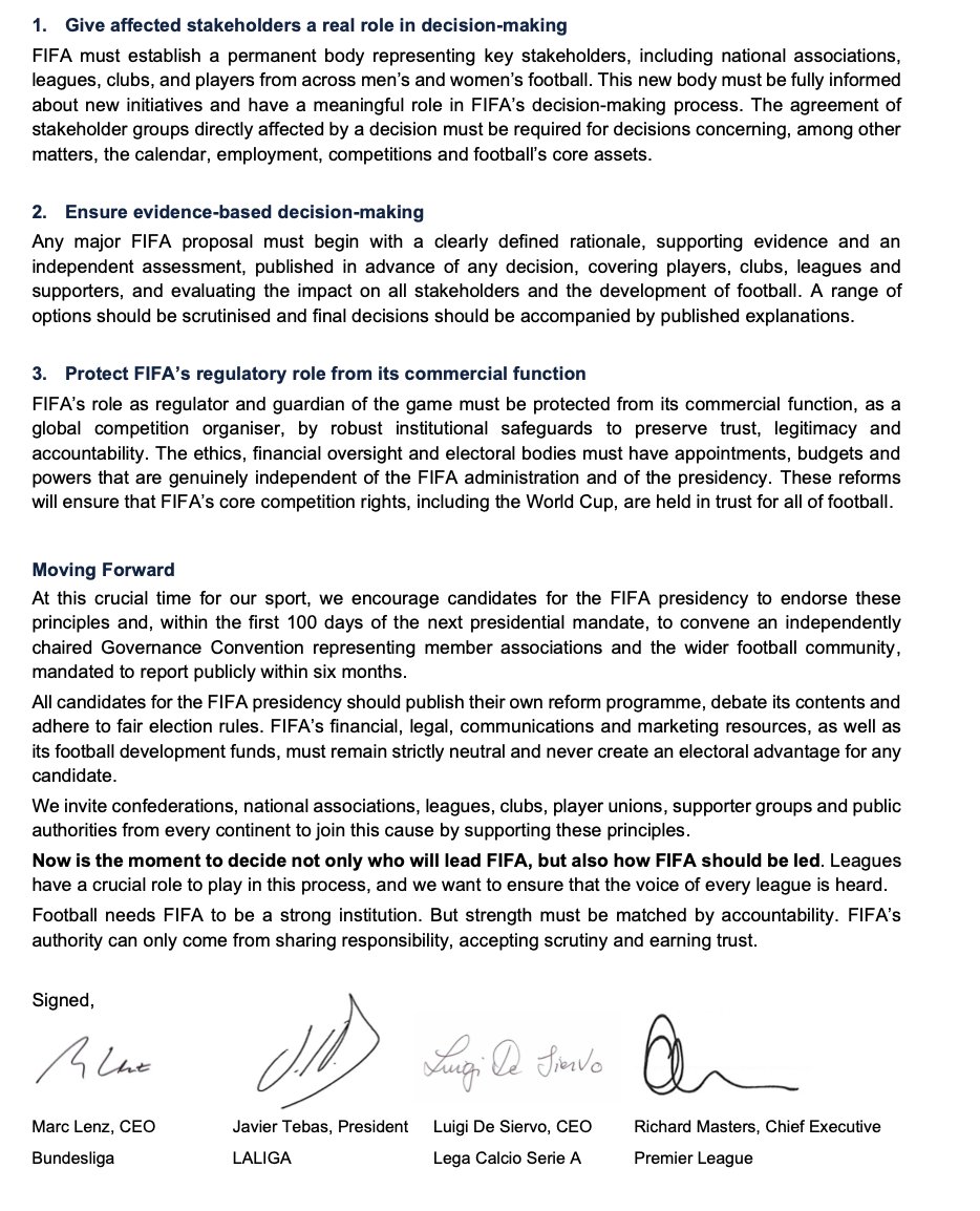 RobHarris's tweet photo. As reported @skynews yesterday - now confirmation of the Premier League, LaLiga, Serie A and Bundesliga calls for reform of FIFA with a joint statement.
Leagues pushing for some time for a bigger say on the calendar, raising concerns about Club World Cup
https://t.co/z9R6DtFifh https://t.co/RUpG2vHyFX