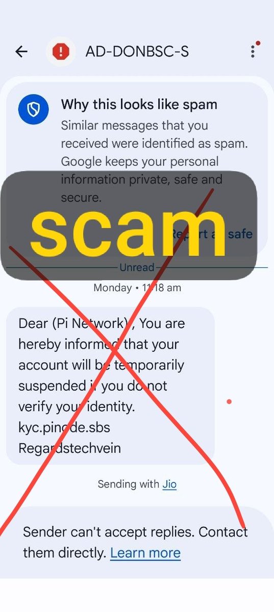 pibrens's tweet photo. 🚨 SCAM ALERT Pioneers! Fake SMS are asking users to verify Pi KYC through suspicious links. ❌ Don’t click, share OTP or Wallet Passphrase. 🔐 Use only official Pi Network channels.
#PiNetwork #PiScamAlert #PiKYC https://t.co/2JPOpeEP3I