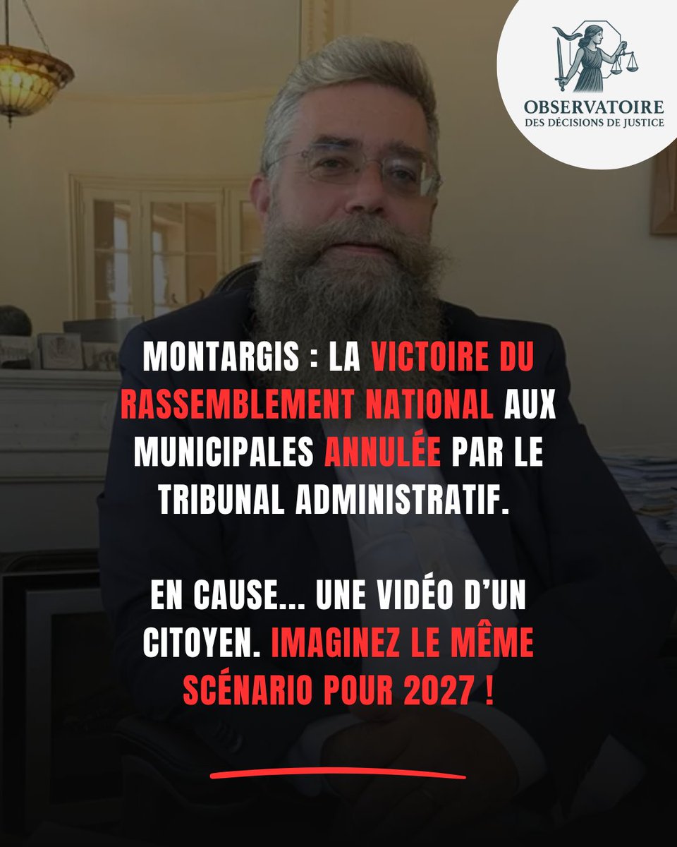 ODJ_France's tweet photo. 🤯 La victoire du RN à Montargis annulée par le tribunal administratif ! Et l'affaire est plus importante qu'il n'y paraît.

Début 2026, la liste de Côme Dunis l'avait emportée d'une courte tête : 1325 voix contre 1266, soit 59 voix d'avance. 

Le candidat PCF vaincu, accuse immédiatement une "vidéo à caractère diffamatoire" d'avoir fait basculer l'élection. 

En cause, le désormais célèbre Cédric Gallineau, qui s'était fait connaître pour avoir défendu épée à la main son domicile face aux émeutiers suite à l'affaire Nahel. 

Il avait, dans une vidéo, accusé de "faux en écriture" le candidat PCF. Celui-ci n'a pas eu, selon lui, le temps de contre-argumenter. Et cela aurait fait basculer l'élection.

Le tribunal administratif décide donc d'annuler l'élection, sans prononcer de peines d'inéligibilité pour autant. 

Cédric Gallineau ne désarme pas, considère que la vidéo n'est pas diffamatoire parce qu'aucun tribunal ne l'a jugée comme telle, et porte plainte contre le rapporteur public. Il se considère comme un lanceur d'alerte. De son côté, le RN fait évidemment appel de la décision. 

⚠️ POURQUOI C'EST IMPORTANT : si la publication par un citoyen d'une vidéo suffit à faire annuler une élection, c'est toute la liberté d'expression, en particulier dans le cadre démocratique des élections, qui est en péril. Imaginez, si demain un juge peut annuler l'élection présidentielle car tel ou tel citoyen a décidé de prendre la parole contre tel ou tel candidat ? Tous les jours, des citoyens publient des textes ou des vidéos de ce type. 

Est-ce que l'annulation du résultat est un scénario envisageable pour l'élection 2027 ?