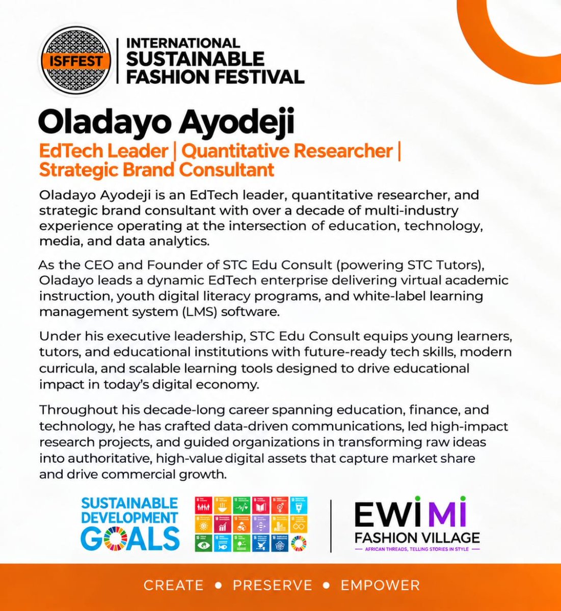 isffest_'s tweet photo. Meet the Facilitator 🎙️

A great product needs a brand that people can recognise, trust and connect with.

At the ISFFEST Youth &amp; Women Accelerator, Oladayo Ayodeji, CEO of STC EDU CONSULT LTD, will lead participants through “Building a Digital &amp; Creative Brand.” https://t.co/OBgqHAkMII