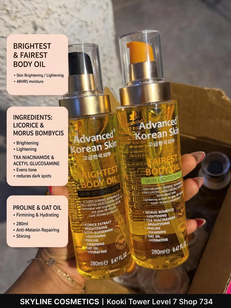 PokCharpiaw2's tweet photo. Korean glass skin for your body. Brightening body oil with licorice, niacinamide, TXA, acetyl glucosamine and oat oil. Enjoy 48-hour moisture, smoother tone and radiant-looking skin. 280ml. Wholesale and retail available. https://t.co/FmHy2EDr2o