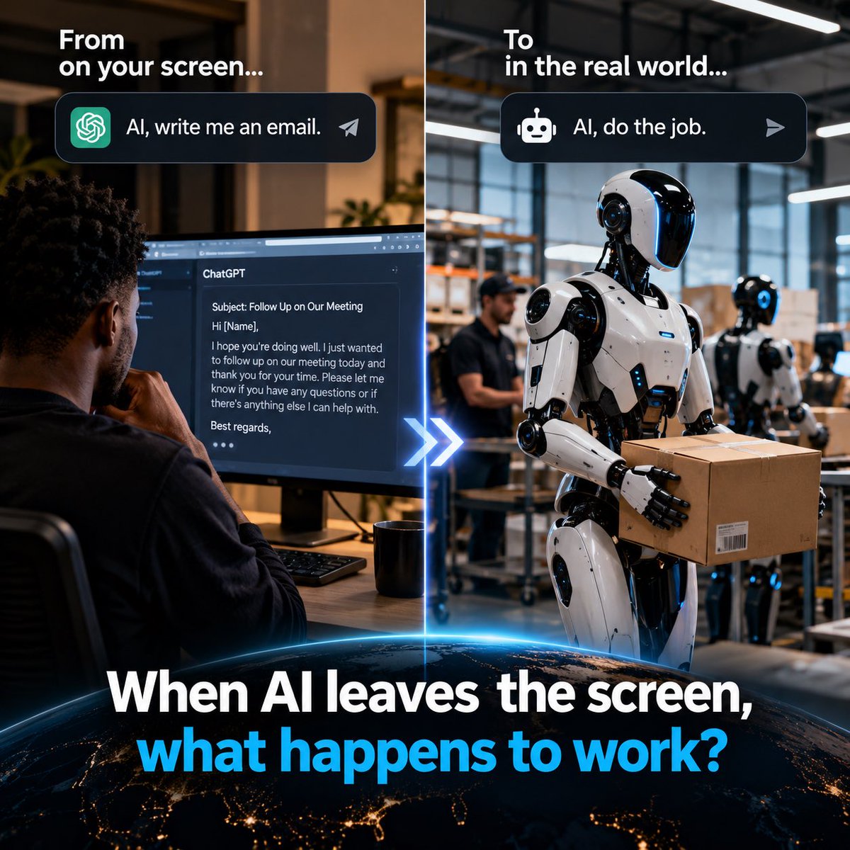 qp_mbye's tweet photo. AI started by changing what happens on our screens.

Now it’s moving into the physical world.

Robots that can see, learn, move and act are getting closer.

The next AI revolution might not happen inside your phone.

It might walk through your front door. 👀

#AI #Robotics #TechCompetition #worldmachine