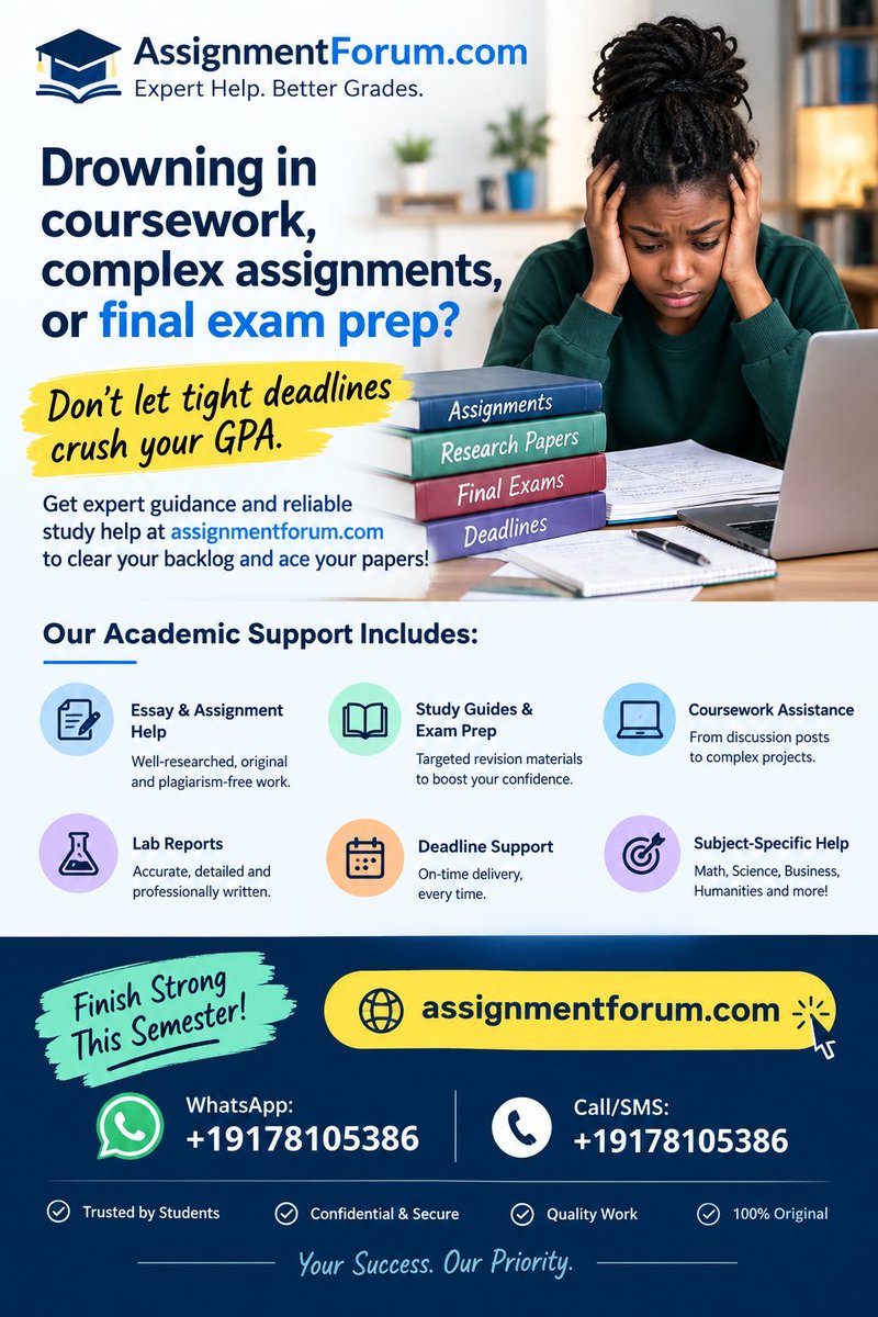 Assignment29457's tweet photo. Drowning in coursework, complex assignments, or final exam prep? 

Don't let tight deadlines crush your GPA. Get expert guidance and reliable study help at https://t.co/LfT0f8T9Ug to clear your backlog and ace your papers!

#StudyTok #CollegeLife #FinalsWeek #AssignmentHelp https://t.co/THKmSpXP1g