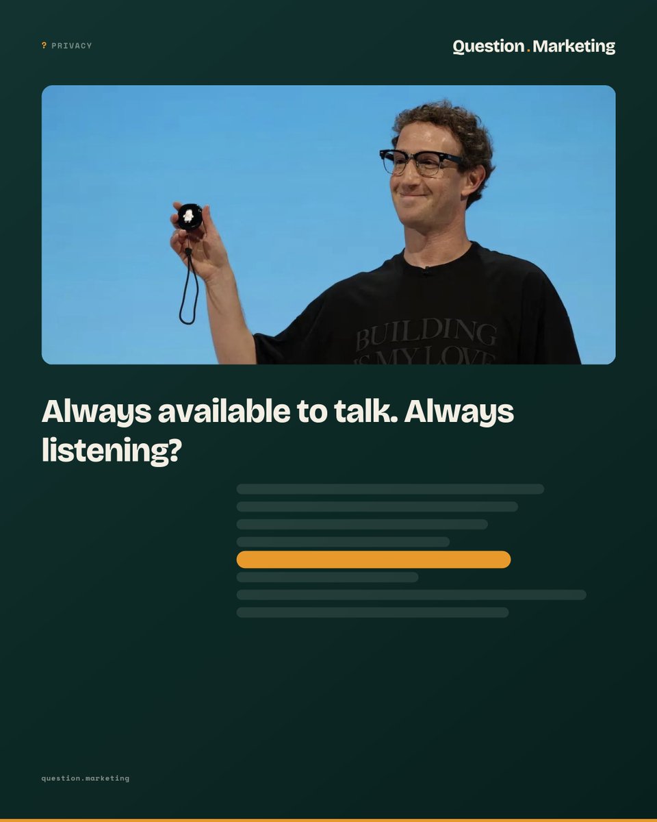 QuestionMktg's tweet photo. Zuckerberg calls Muse Charm "always available to talk to".

Meta hasn't said it's always listening. But Muse trains on your interactions unless you switch it off, and Meta calls that "a good default".

Should "on by default" be the deal for everything we say out loud? https://t.co/XcJepm0p39
