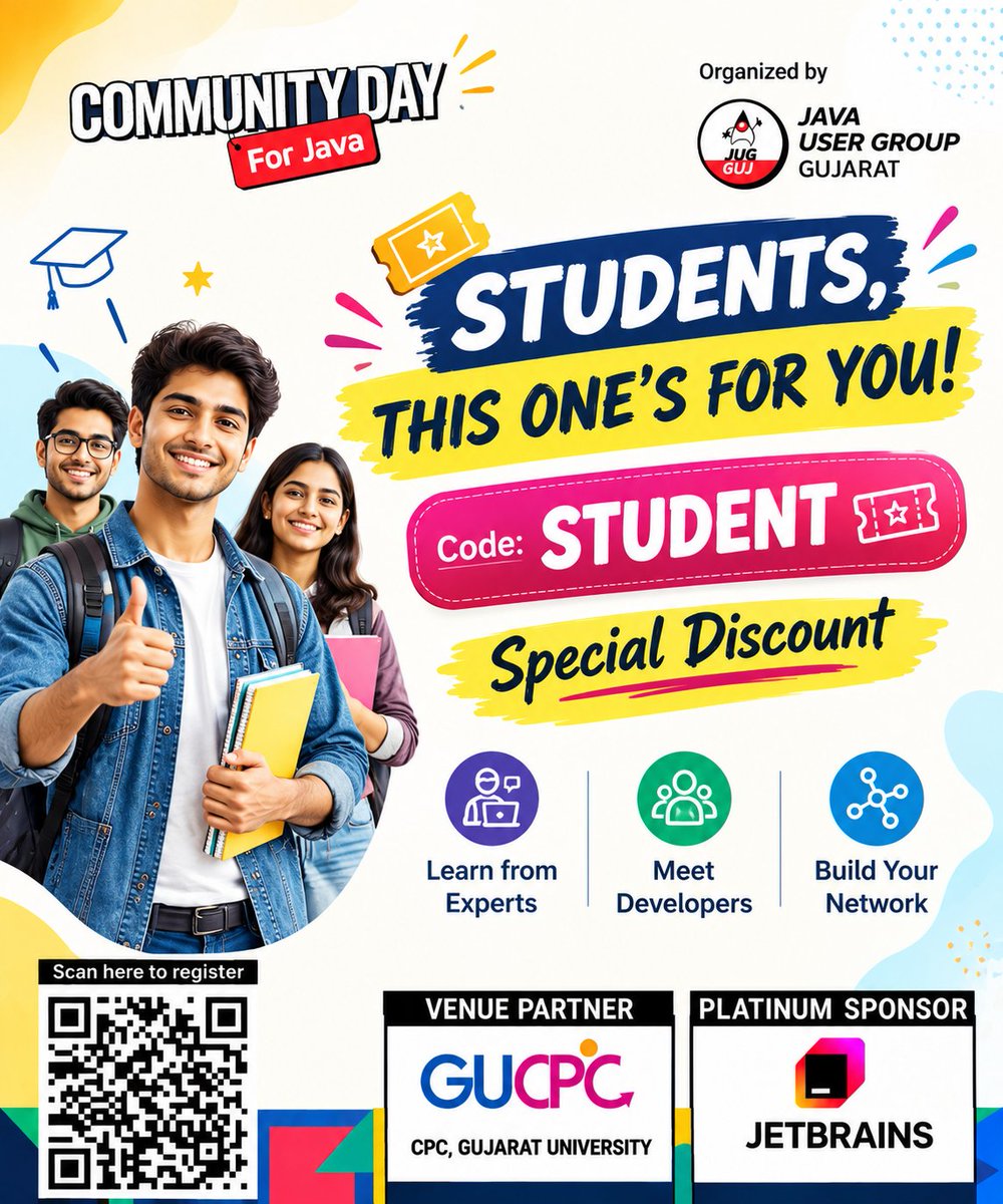 cd4java's tweet photo. π©βπ» Student in Tech! Get a special discount
Get a special discount for #CD4J2026 π
π· Use code: STUDENT
CPC, Gujarat University, Ahmedabad
Book now: https://t.co/YRB4RwcwH8
#java #cd4j2026 #communitydayforjava https://t.co/r8yMbYPfYp