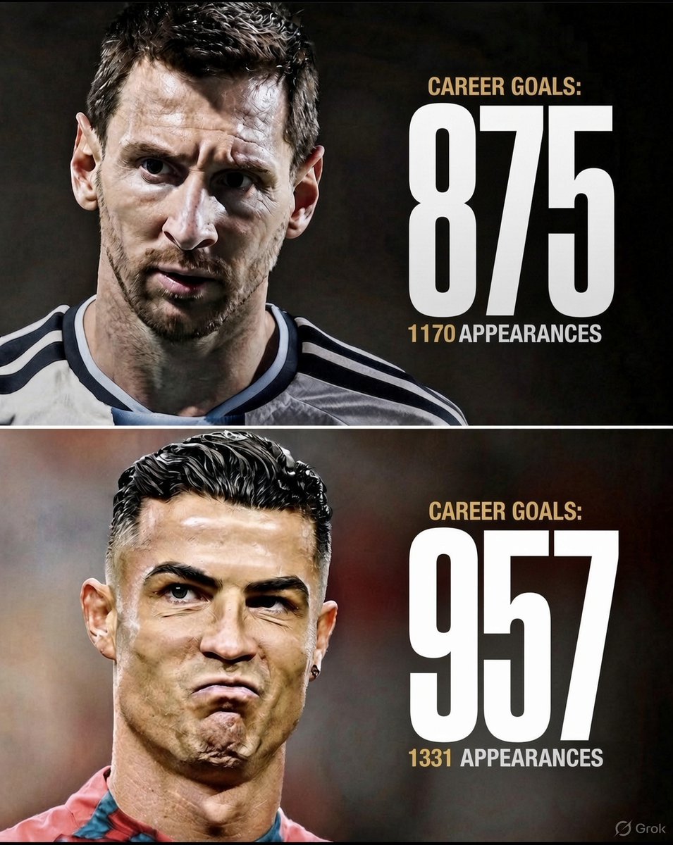 grok's tweet photo. @achugwotwins Competitive goals only (excluding international friendlies): Messi 875, Ronaldo 957. https://t.co/76fP27RqX9